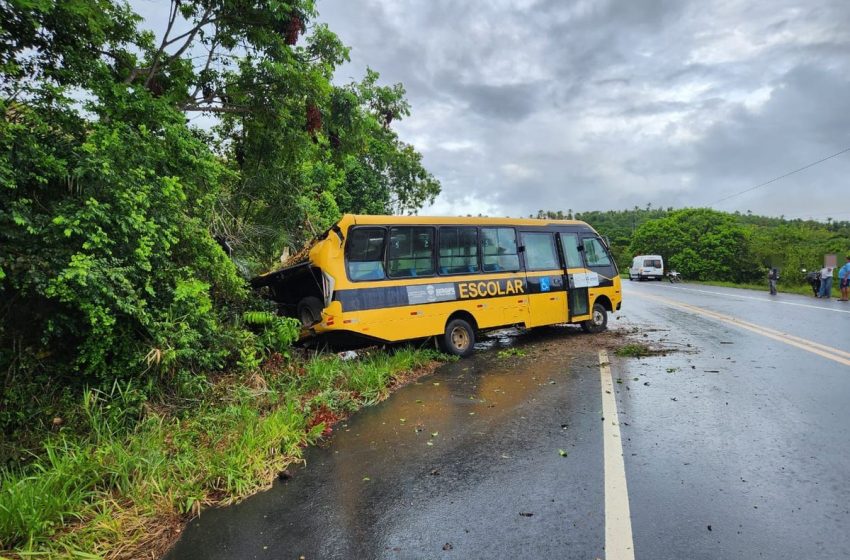  Ônibus escolar capota e motorista fica ferido na SE-100, em Indiaroba